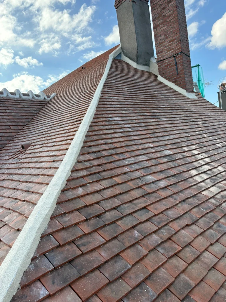 Toiture rénovée en tuiles plates autour de deux cheminées